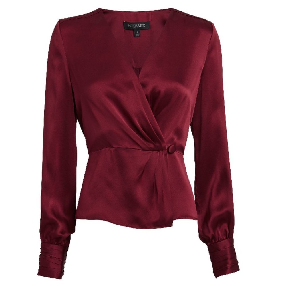 NWT Intermix Naila Silk Wrap Blouse In Dark Red